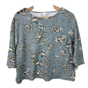 J. Jill Women's Size Medium Petite Soft Blue Floral Toile Print 3/4 Sleeve Top